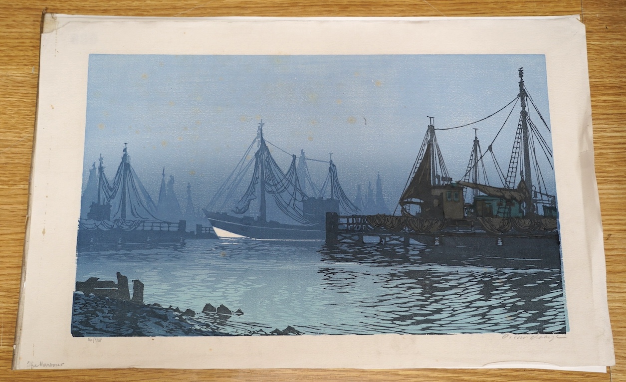 Oscar Droege (1898-1983), colour woodcut, 'The Harbour', signed in pencil, 16/75, 24 x 40cm. Condition - good